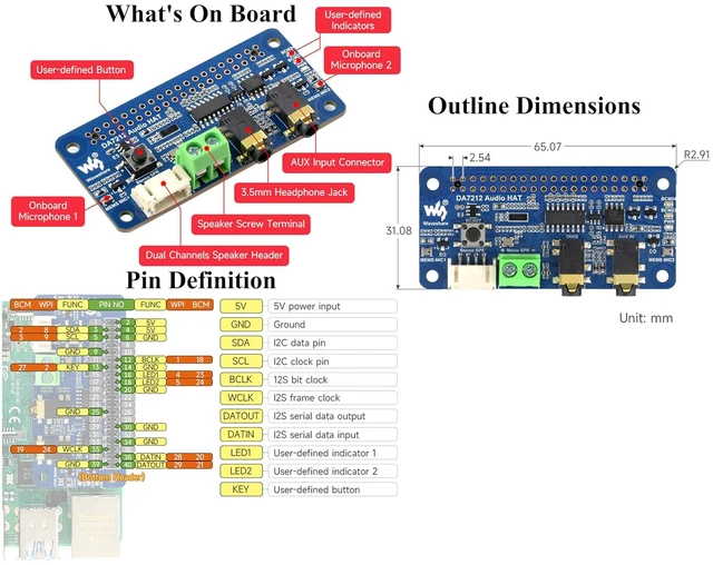Alt view image 6 of 7 - DA7212 I2S Audio Board with 8 5W Speaker, Compatible with Raspberry Pi 5/ 4B/3B