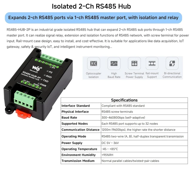 Alt view image 2 of 7 - Industrial-Grade Isolated 2-Ch RS485 Hub, Expands 2-CH RS485 Sub Ports Via 1-CH
