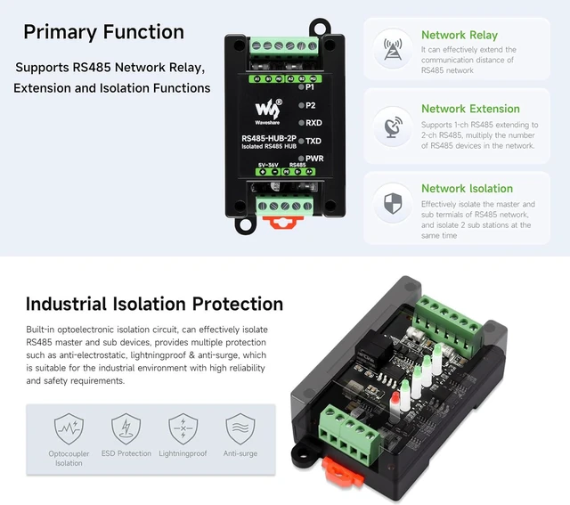 Alt view image 3 of 7 - Industrial-Grade Isolated 2-Ch RS485 Hub, Expands 2-CH RS485 Sub Ports Via 1-CH