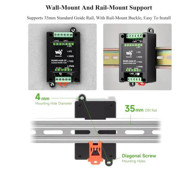 Alt view image 6 of 7 - Industrial-Grade Isolated 2-Ch RS485 Hub, Expands 2-CH RS485 Sub Ports Via 1-CH