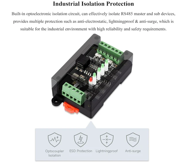 Alt view image 5 of 7 - Industrial-Grade Isolated 2-Ch RS485 Hub, Expands 2-CH RS485 Sub Ports Via 1-CH