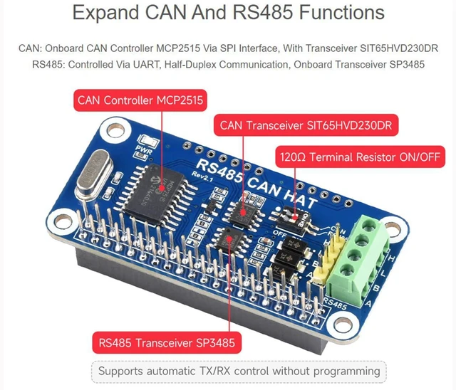 Alt view image 4 of 7 - for Raspberry Pi,RS485 CAN HAT for Pi 4B/3B+/3B/2B/B+/A+/Zero/Zero W/WH/ 2W/2WH,