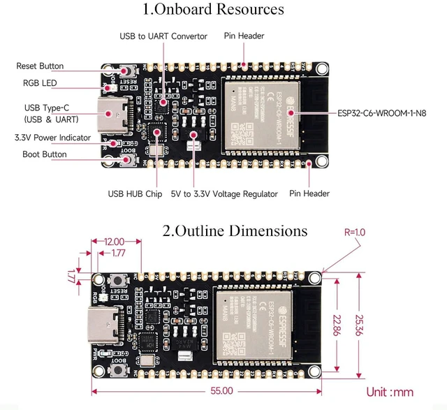 Alt view image 4 of 7 - ESP32-C6 Microcontroller W-i-F-i Development Board Adopts ESP32-C6-WROOM-1-N8 Mo