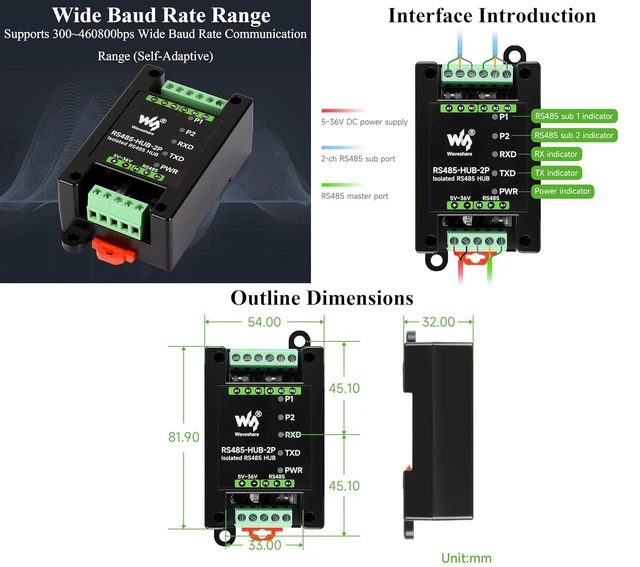 Alt view image 7 of 7 - Industrial-Grade Isolated 2-Ch RS485 Hub, Expands 2-CH RS485 Sub Ports Via 1-CH