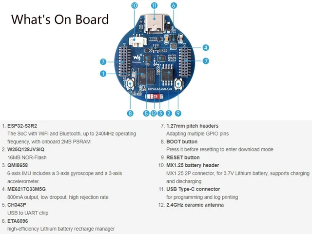 Alt view image 4 of 7 - ESP32-S3 Development Board with 1.28inch IPS Round LCD 240x240 Resolution and wi