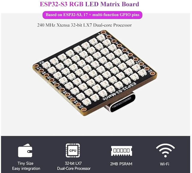 Alt view image 4 of 7 - ESP32-S3 Development Board Onboard 8×8 RGB LED Matrix and QMI8658C Attitude Sens