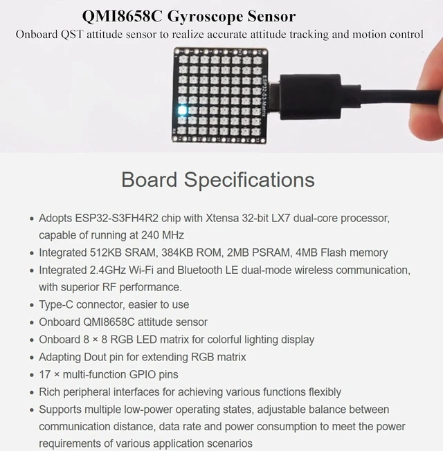 Alt view image 5 of 7 - ESP32-S3 Development Board Onboard 8×8 RGB LED Matrix and QMI8658C Attitude Sens