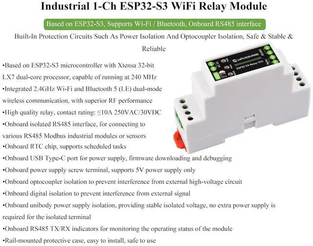 Alt view image 3 of 7 - Industrial 1-Channel ESP32-S3 WiFi Relay Module, Supports WiFi/Bluetooth / RS485
