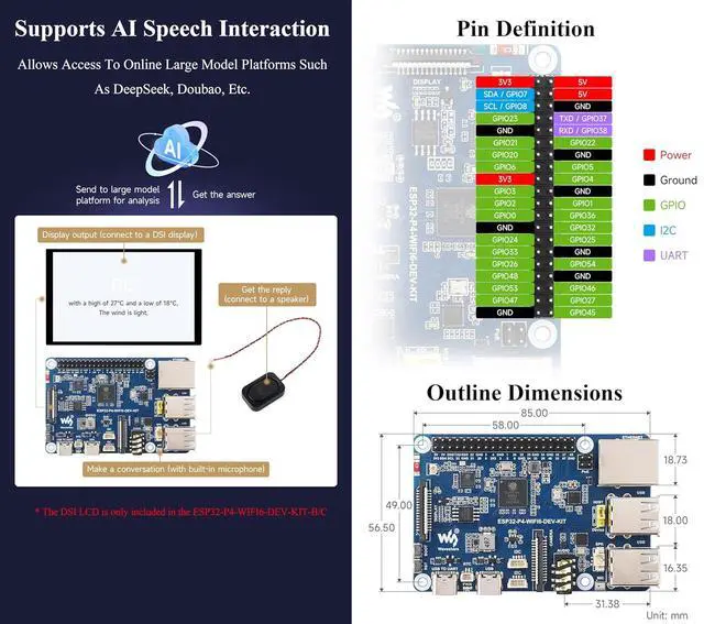 Alt view image 7 of 7 - AI ESP32-P4-WIFI6-DEV-KIT Dev Board, Based On ESP32-P4 and ESP32-C6, Supports Wi
