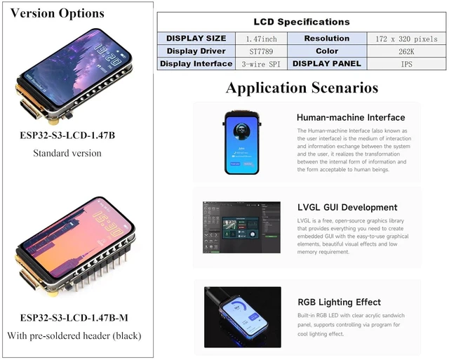 Alt view image 3 of 7 - (2PCS) ESP32-S3 1.47inch LCD Display Development Board, 172 x 320 Pixels, 262K D