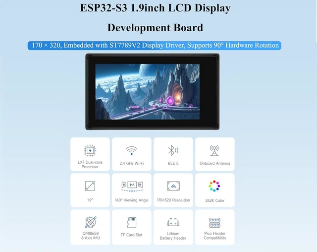 Alt view image 2 of 7 - ESP32-S3 with 1.9inch Display Development Board 170 x 320, 262K Color, 32-bit LX