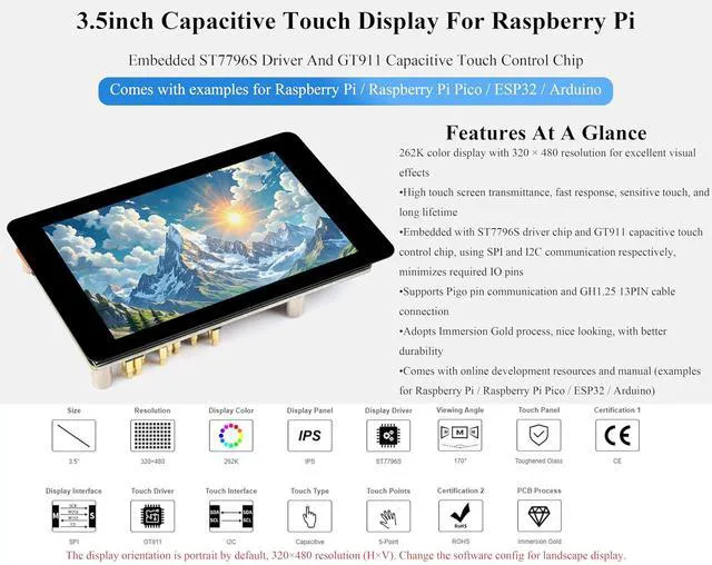 Alt view image 3 of 7 - 3.5inch Capacitive Touch Display Compatible with Pi 5/4B/3B+/3B/Pico W/Pico 2W/