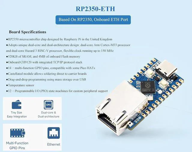 Alt view image 2 of 7 - RP2350-ETH Mini Development Board, RP2350 Ethernet Port Module, RPi Microcontrol