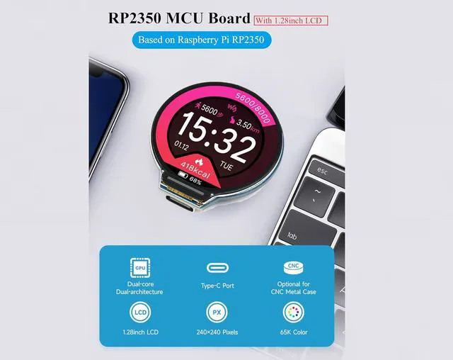 Alt view image 2 of 7 - RP2350 MCU Board with 1.28inch Round LCD 240×240 Pixels, IPS Panel, 65K Color, D