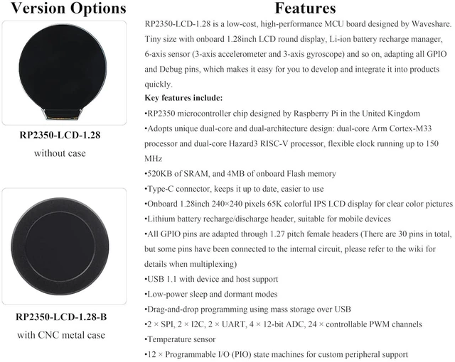 Alt view image 3 of 7 - RP2350 MCU Board with 1.28inch Round LCD 240×240 Pixels, IPS Panel, 65K Color, D