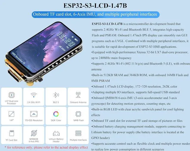 Alt view image 2 of 7 - ESP32-S3 1.47inch LCD Display Development Board, 172 x 320 Resolution, 262K Disp
