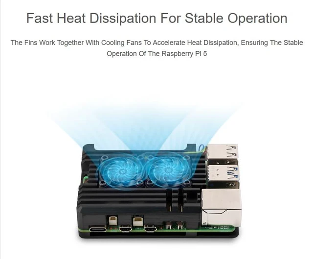 Alt view image 3 of 7 - Aluminium Alloy Case for Raspberry Pi 5, Pi5 Case with Dual Cooling Fans and 4PC