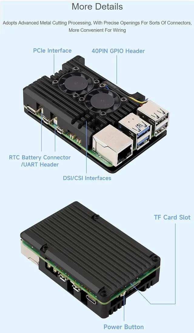 Alt view image 5 of 7 - Aluminium Alloy Case for Raspberry Pi 5, Pi5 Case with Dual Cooling Fans and 4PC