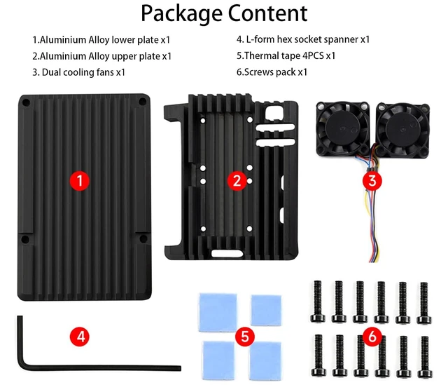 Alt view image 7 of 7 - Aluminium Alloy Case for Raspberry Pi 5, Pi5 Case with Dual Cooling Fans and 4PC