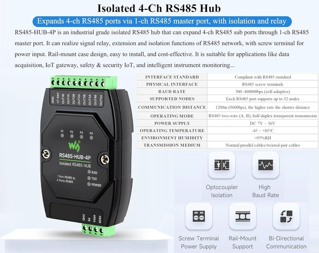 Alt view image 2 of 7 - Industrial Isolated 4-CH RS485 Hub, Expands 4-CH RS485 Sub Ports Via 1-CH RS485