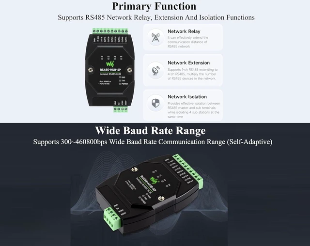 Alt view image 3 of 7 - Industrial Isolated 4-CH RS485 Hub, Expands 4-CH RS485 Sub Ports Via 1-CH RS485