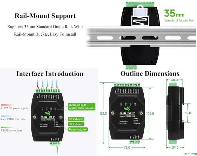 Alt view image 6 of 7 - Industrial Isolated 4-CH RS485 Hub, Expands 4-CH RS485 Sub Ports Via 1-CH RS485