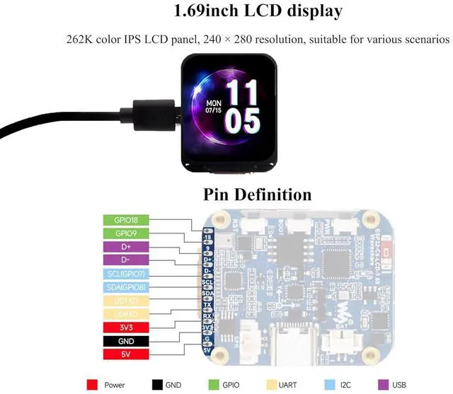 Alt view image 6 of 7 - ESP32-C6 1.69inch LCD Development Board, ESP32 with Display 240×280 Pixels, Supp