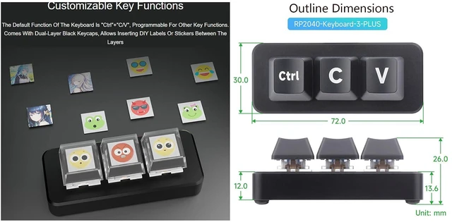 Alt view image 7 of 7 - Ctrl C/V Shortcut Keyboard 3-Key Development Board for Programmers, Using RP2040