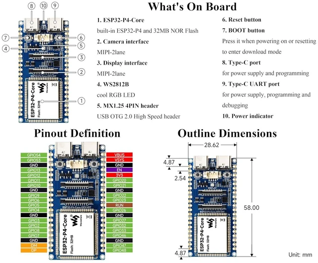 Alt view image 4 of 6 - ESP32-P4-Core Dev Board, USB OTG 2.0 HS,MIPICSI/DSI,SPI,I2C Rich Interface