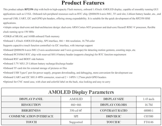 Alt view image 4 of 7 - RP2350 1.43inch AMOLED Touch Display Development Board, 466x466, SPI Interface R