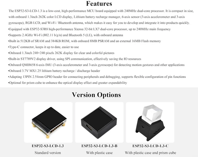 Alt view image 4 of 7 - ESP32-S3 with1.3inch Display Development Board, Onboard 1.3inch IPS LCD 262K Col