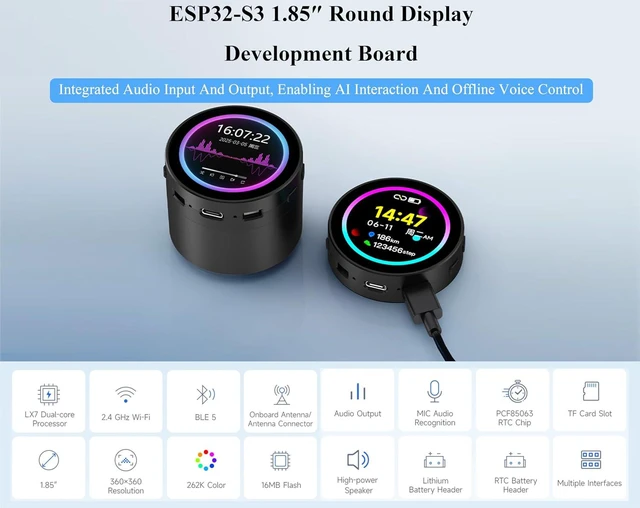 Alt view image 3 of 7 - ESP32-S3 1.85inch Round Touch LCD Development Board, 360x360, Supports Wi-Fi & B