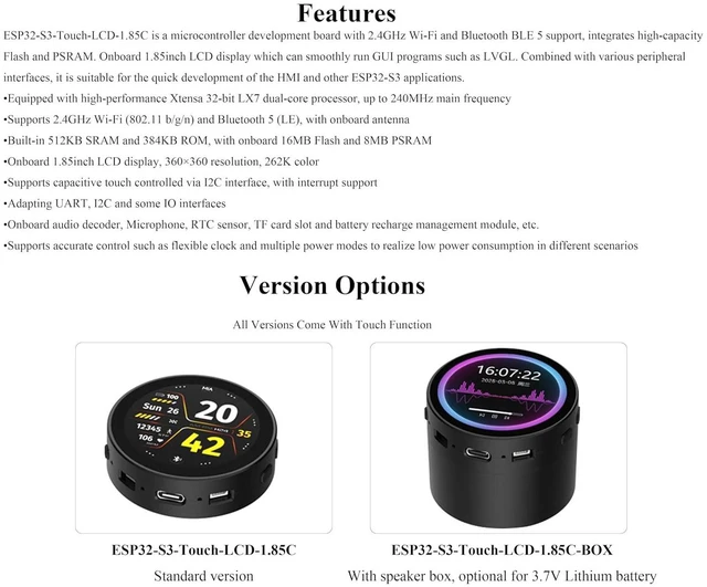 Alt view image 4 of 7 - ESP32-S3 1.85inch Round Touch LCD Development Board, 360x360, Supports Wi-Fi & B