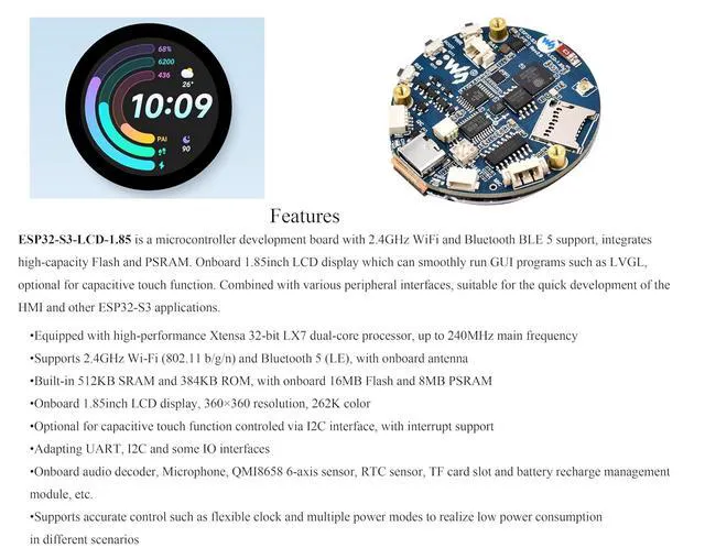 Alt view image 4 of 7 - ESP32-S3 1.85inch Round Display Development Board, 360×360 IPS LCD, Dual-Core Pr
