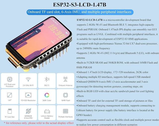 Alt view image 2 of 7 - (2PCS) ESP32-S3 1.47inch LCD Display Development Board with Pre-Soldered Header,