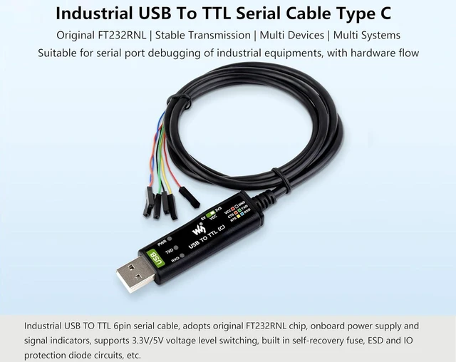 Alt view image 2 of 7 - Industrial USB to TTL Converter 6pin Serial Cable 1M Length, Original FT232RNL C
