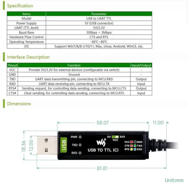 Alt view image 5 of 7 - Industrial USB to TTL Converter 6pin Serial Cable 1M Length, Original FT232RNL C