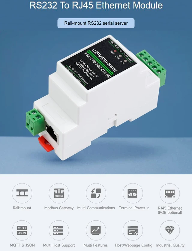 Alt view image 2 of 7 - RS232 to RJ45 Ethernet Converter Adapter with POE Function,Rail-Mount RS232 Seri