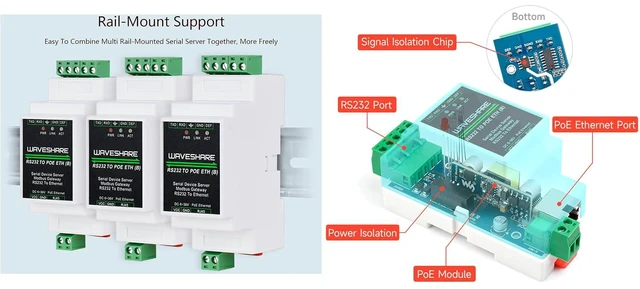 Alt view image 3 of 7 - RS232 to RJ45 Ethernet Converter Adapter with POE Function,Rail-Mount RS232 Seri