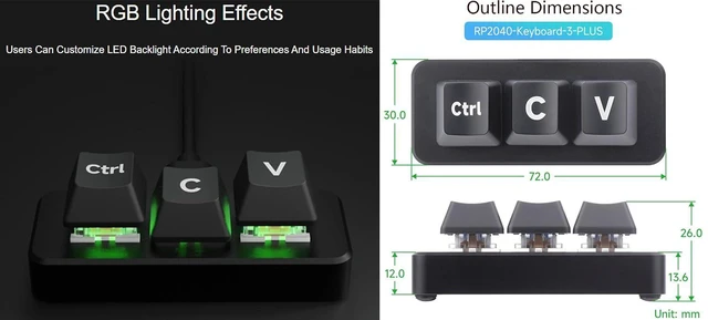 Alt view image 7 of 7 - Waveshare Ctrl C/V Shortcut Keyboard 3-Key Development Board for Programmers, RP