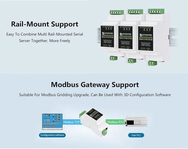 Alt view image 5 of 7 - RS485 to RJ45 Ethernet Industrial Serial Server, TCP/IP to Serial, 9~24V Power S