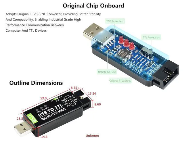 Alt view image 5 of 7 - Industrial USB to TTL Converter Adapter, Onboard Original FT232RL Chip, Device P