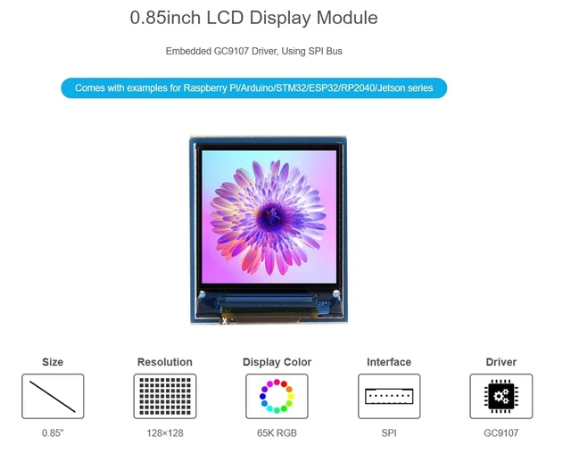 Alt view image 2 of 7 - 0.85inch LCD Module IPS Display Panel, 128x128 Resolution 65K RGB Display Colors