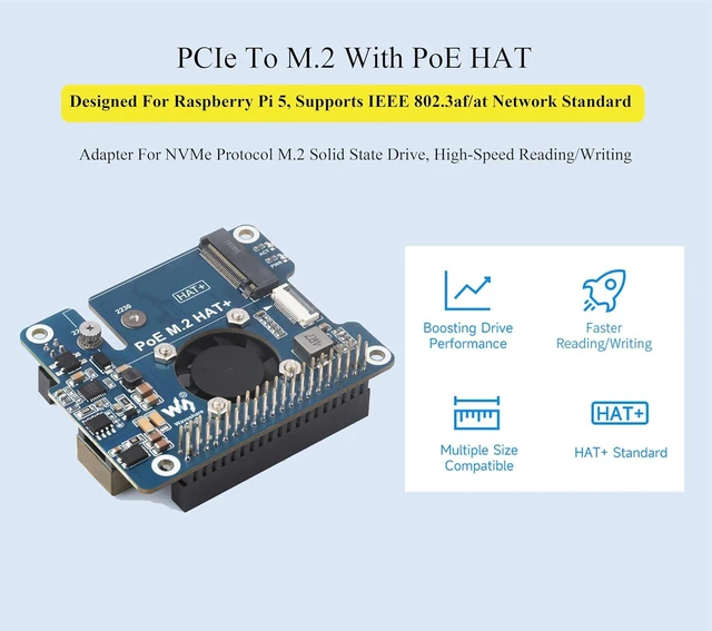 Alt view image 2 of 7 - PCIe to M.2 Adapter with PoE HAT for Raspberry Pi 5, Power Over Ethernet Support