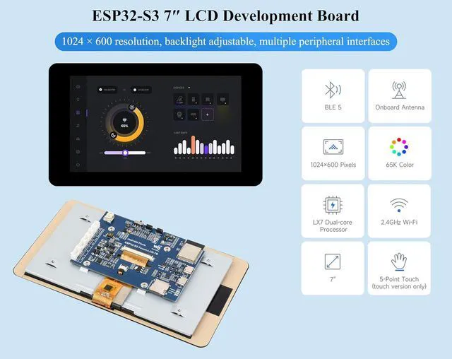 Alt view image 3 of 7 - ESP32-S3 7inch Touch Display Development Board, ESP32 with Display, 1024×600, 32