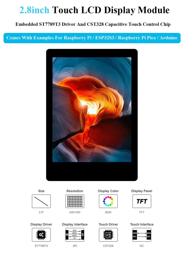 Alt view image 2 of 7 - 2.8inch LCD Display Module with Touch Panel, ST7789T3 & CST328 Driver, 240x320 R