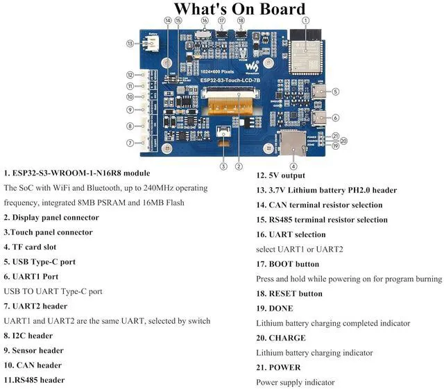 Alt view image 5 of 7 - ESP32-S3 7inch Display Development Board, ESP32 with Display, 1024×600, 32-bit L
