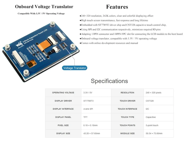 Alt view image 3 of 7 - 2.8inch LCD Display Module with Touch Panel, ST7789T3 & CST328 Driver, 240x320 R