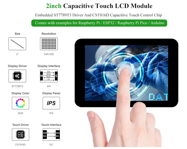 Alt view image 2 of 7 - 2inch IPS Touch Screen Compatible with Raspberry Pi 5/4B/3B+/3B/Pi Zero/Zero W/P