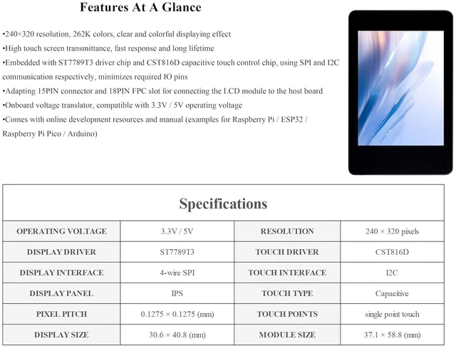 Alt view image 3 of 7 - 2inch IPS Touch Screen Compatible with Raspberry Pi 5/4B/3B+/3B/Pi Zero/Zero W/P